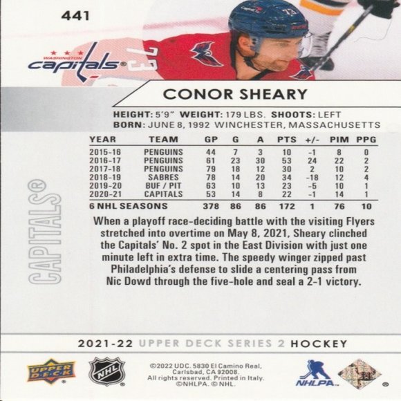 Conor Sheary - 2021/2022 Upper Deck Series 2 Hockey Card - Card Number 441 - Picture 2 of 2